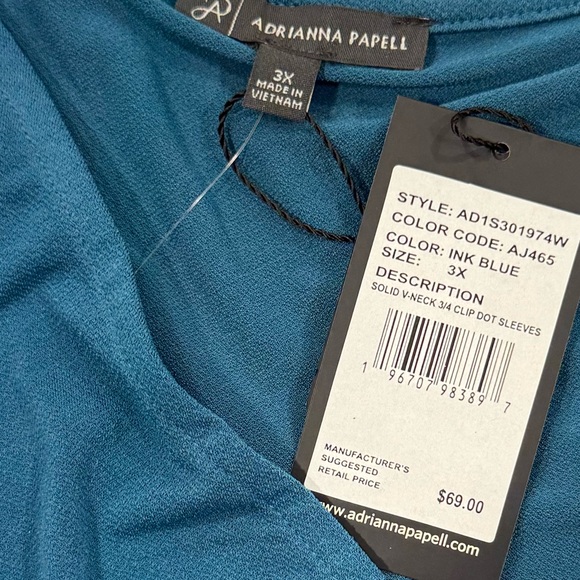 ADRIANNA PAPELL Blouse Swiss  Dot Semi-Sheer 3/4 Sleeve Dressy Ink Blue NWT 3X - Picture 7 of 9